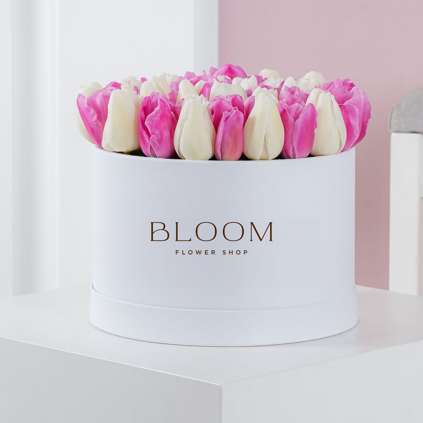 Small Petite Pink and White Assorted Tulips Hatbox